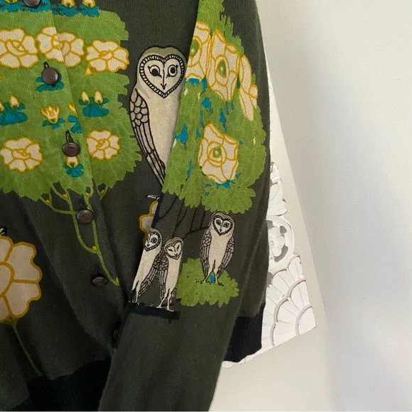 The Knitted Dove Who's Who Owl Wool Blend Sweater Cardigan Artsy Teacher Sz L - Picture 7 of 10